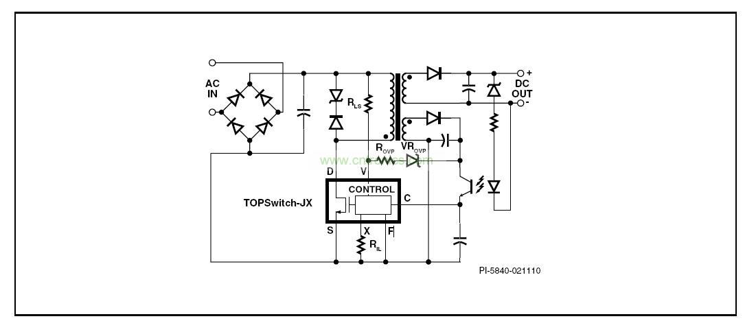 圖 1. 具有初級檢測的輸出過壓保護、輸入欠壓鎖存、輸入過壓關斷及可設定流限值功能的典型TOPSwitch-JX反激式電源