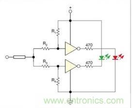 在雙門構成的CMOS/TTL兼容探頭中，R1至R4電阻網絡對反相器輸入端做偏置