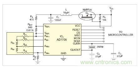 圖1：測(cè)量電路測(cè)三個(gè)點(diǎn)的值，微控制器就可以計(jì)算出傳感器值。