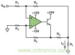 圖1. 改進(jìn)型Howland電流源驅(qū)動接地負(fù)載。