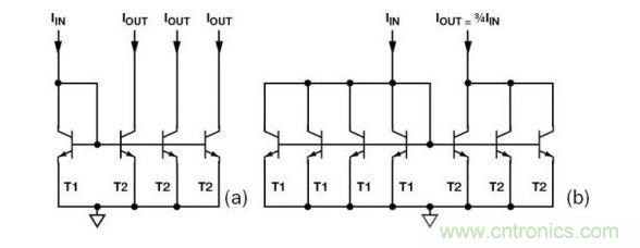 （a） 多級電流鏡 （b） 非整數(shù)比例電流鏡可將3個(gè)T2集電極結(jié)合起來，得到3IIN