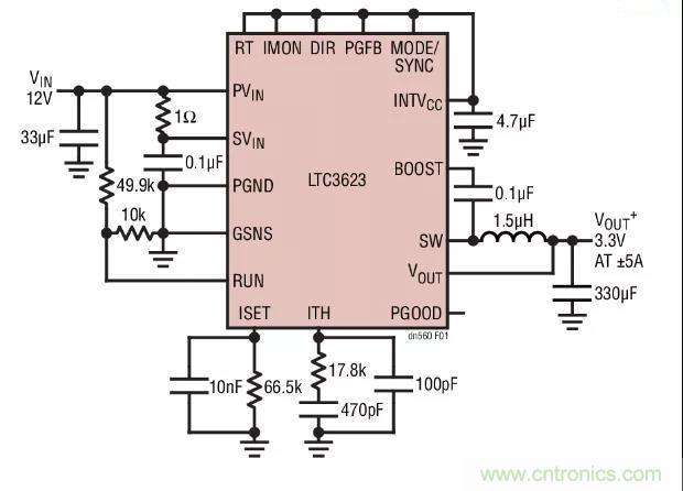 高效率、15V 軌至軌輸出同步降壓型穩(wěn)壓器能提供或吸收 5A