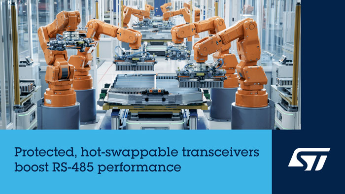 ST 的RS-485收發器兼備傳輸穩定性與速度，適用于工業自動化、智能建筑和機器人
