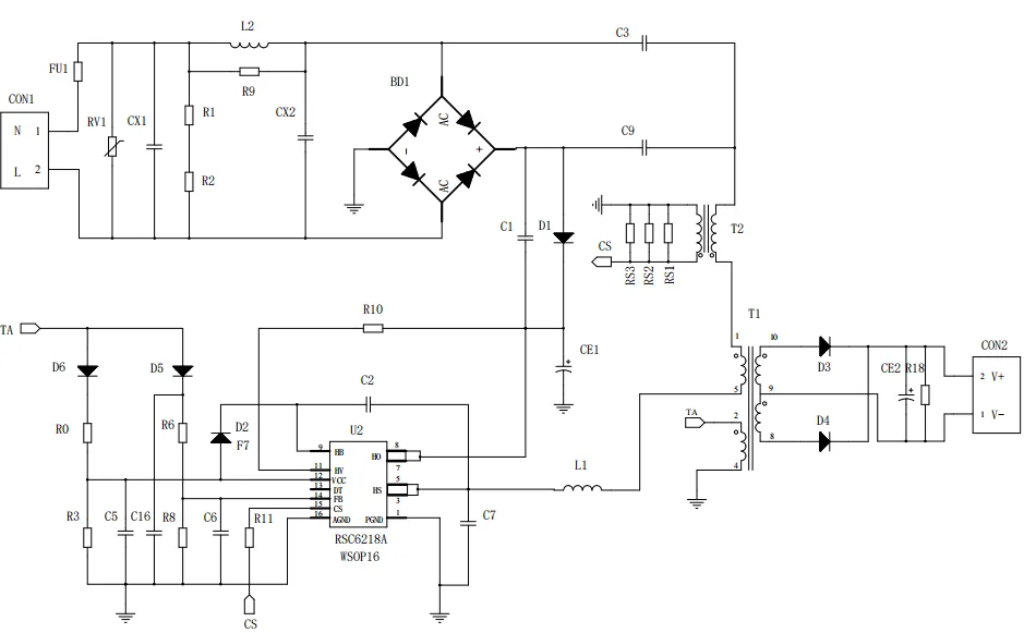 一、LED驅動模塊RSC6218A REASUNOS(瑞森半導體)通過持續投入研發，提升LLC應用技術，集成控制芯片與功率轉換，成功推出新一代產品RSC6218A WSOP-16，延續瑞森LLC拓撲方案，時機趨勢完全迎合我國雙碳政策，電氣特性契合新版國標GB/T 17625.1-2022和歐盟新版ERP認證EU2019/2020雙重法規，專為中小功率的產品提供優秀的方案；接下來會分幾個篇章持續介紹新方案產品的應用資料和設計實例分享：  RSC6218A功率模塊內部集成CS-CP-LLC電源半橋模塊和功率轉換模塊，延續瑞森主題設計方向單級實現高PF無頻閃技術和LLC諧振軟開關技術方案：該型號適用于5-18W功率段；具備高轉換效率(90%+)，高PF(>0.96)，低THD(<10%)，小型化(縮小PCB面積10-25%)，通過優化產品內部設計提升產品內部功率器件的開啟與關閉性能，避免干擾發生，最高工作頻率達200KHZ，實現WSOP-16封裝兼顧散熱與小型化；并且內部可自動設置死區時間，讓方案可靠易設計。 產品可廣泛應用于： 1.護眼系列燈具：如教室燈、辦公燈、護眼臺燈、壁燈、閱覽室燈等； 2.家居類燈具：如客廳燈、臥室燈、兒童房燈、廚房燈、走廊燈等； 3.軌道類燈具：地鐵照明、高鐵照明、隧道照明、車站照明等； 4.商照類燈具：筒燈、射燈、投射燈、 亮化燈、防爆燈等； 方案起到提供高效，穩定，長壽命的作用。 二、產品功能框架  三、IC各PIN腳功能說明  PIN1&nbsp;PGND 功率地，內部是連接低邊MOS的S端地線； PIN2&nbsp;&nbsp;NC&nbsp; PIN3&nbsp; HS 半橋MOS低邊漏極PIN； PIN4&nbsp; HS 半橋MOS低邊漏極PIN； PIN5&nbsp; HS 半橋MOS高邊源極PIN； PIN6&nbsp; HS 半橋MOS高邊源極PIN； PIN7&nbsp;&nbsp;NC&nbsp; PIN8&nbsp; HO 半橋MO高邊漏極； PIN9&nbsp; HO 半橋MOS高邊漏極； PIN10&nbsp;HB 半橋驅動高邊電源，通過外置的一個二極管與電容組成自舉回路，為高邊 MOS 的開啟提供電平； PIN11&nbsp;VIN 高壓啟動的輸入腳，最高耐壓可達DC600V，啟動電流在1.7mA，一般應用是從高壓電解處串接一個1206100K電阻引到PIN1，在整個環路還未建立起來時，是靠這個引腳的供電通過內部連接到PIN6VCC，然后把VCC電容慢慢充電到芯片的啟動電壓后，芯片開始工作。整個環路建立起來后，VIN腳內部關斷，VCC 通過外部變壓器輔助繞組供電維持正常工作； PIN12&nbsp; VCC 信號電源引腳，&nbsp;工作電壓范圍 8-20V，工作電流在&nbsp;0.8mA，靜態工作電流是 720uA； PIN13&nbsp; NC DT懸空腳； PIN14&nbsp;FB &nbsp;電壓反饋輸入，VFB中心值是1.2V，該引腳的功能主要是限定空載電壓的最大幅度，該芯片空載保護屬于打嗝模式，可以有效降低空載損耗，能效要求輕松符合小于0.5W的要求； PIN15&nbsp; CS 電流采樣正弦波信號輸入該PIN腳是通過線路中的互感電感采樣得到全波的正弦波信號，&nbsp;通過電阻轉換為電壓信號后，輸入到CS PIN腳，&nbsp;內部連接到壓控振蕩器，根據輸入進來的電壓幅值大小，以及正弦波的頻率，壓控振蕩器輸出對應的方波來控制LG與HG端的MOS開關頻率，實現恒流調節控制； PIN16&nbsp; AGND 信號地參考電平，主要連接 VCC，FB 對應 PIN 腳的元件地線。 四、關鍵PIN腳參數設定范圍  五、典型應用原理圖  關注瑞森半導體公眾號，接下來持續分享具體案例的設計參考文檔，攜手各伙伴們實現新版國標GB/T17625.1-2022的順利達標，為工程師縮短開發周期，讓工廠端得到滿意的產品，給客戶一個滿意的答卷，得到需要的利潤空間。